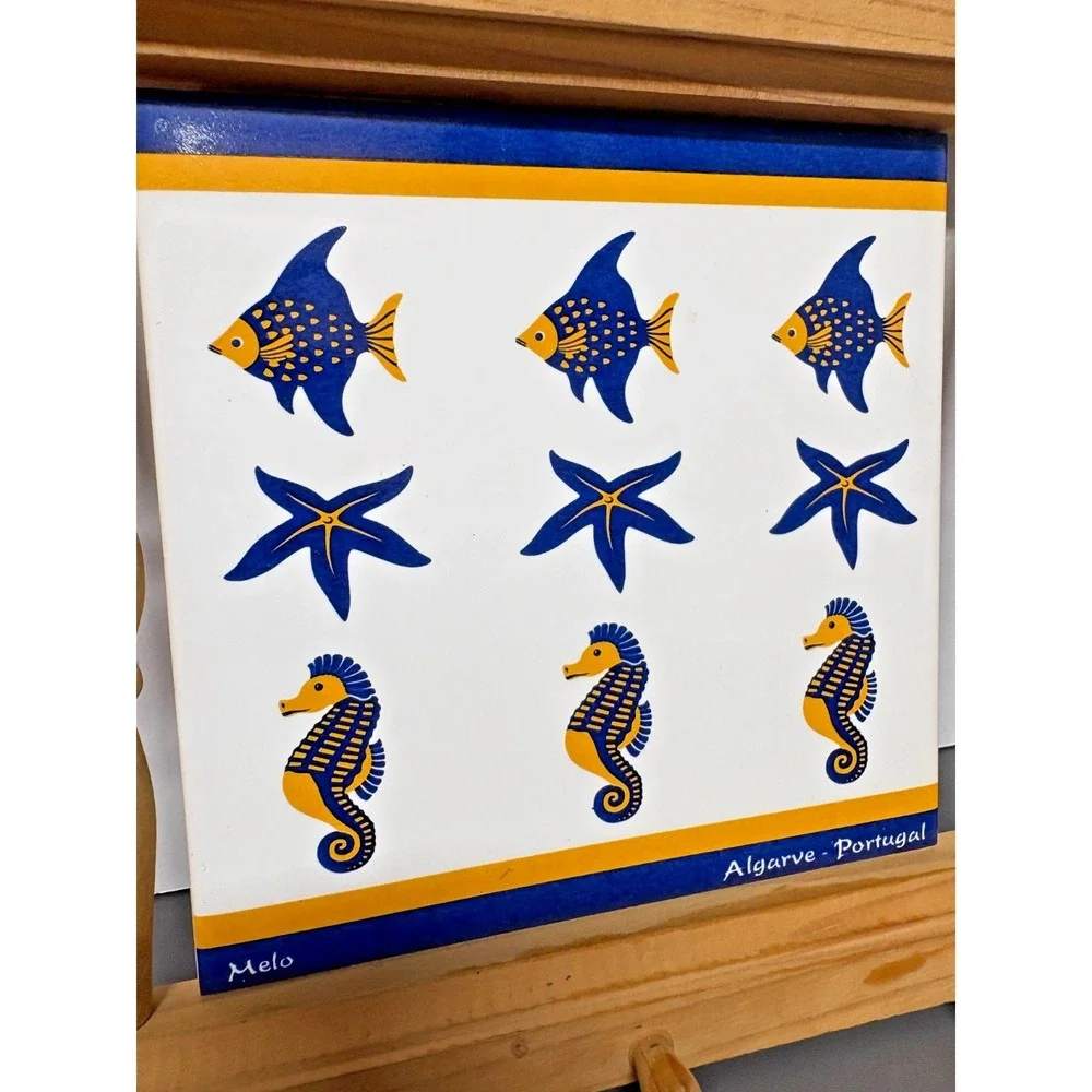 Melo Algarve Portugal Decorative Tile Plaque Wooden Frame Hooks Fish Seahor